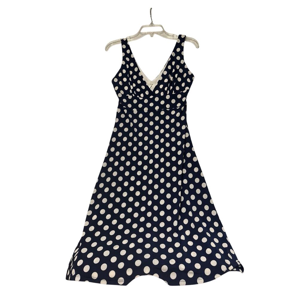 Sand Studio Women’s Navy Blue White Polk A Dot Sleeveless Dress Size Medium Vacy